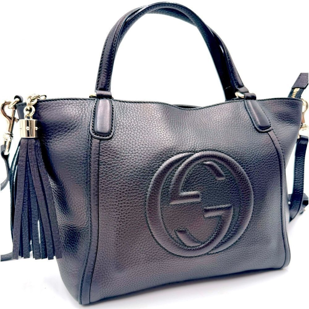 Auth Gucci Black / Brown Cherry Metallic Leather 2way SoHo Working Tote Satchel